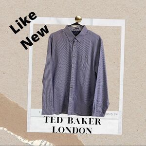 💼Ted Baker London, Like New, Brushed Cotton, Blue Houndstooth, Button Down